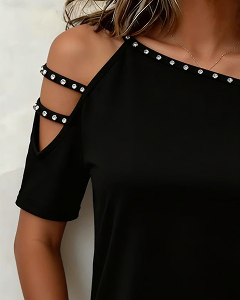 Slash-Shoulder Hollow-Out Beaded Short-Sleeve T-Shirt