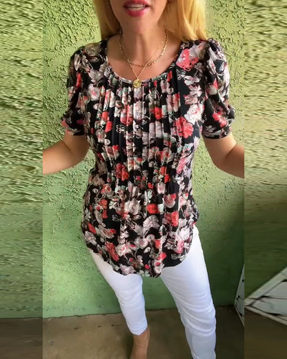 Round Neck Puff Sleeve Pleated Floral Blouse