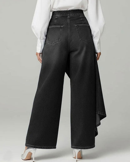 Asymmetrical Wrap Denim Wide-Leg Pants