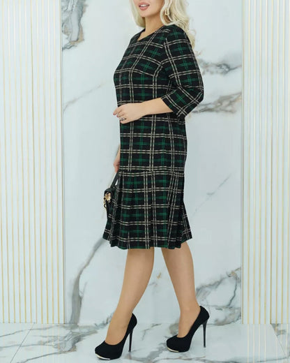 Round neck plaid print button elegant dress 2024 f/w casual dresses