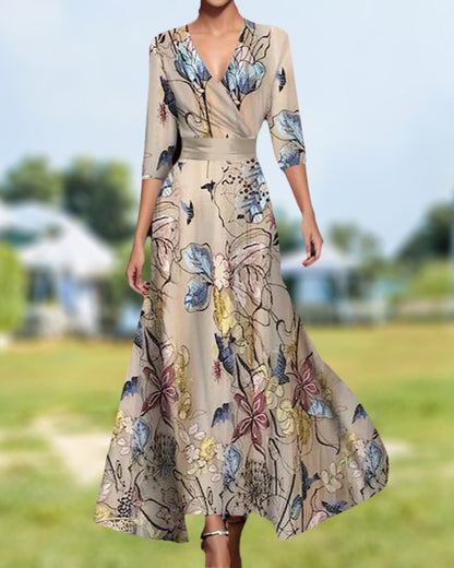 V-neck premium waist printed long dress party dresses spring summer