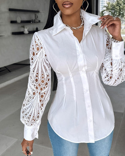 Solid color hollow stitching elegant shirt 202466 blouses & shirts spring summer