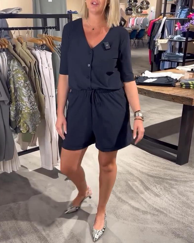 Short-Sleeved V-Neck Lace-Up Jumpsuit