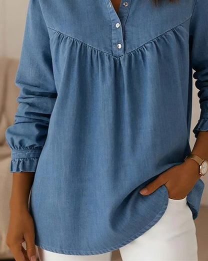 Denim Ruffled Button-Down Top