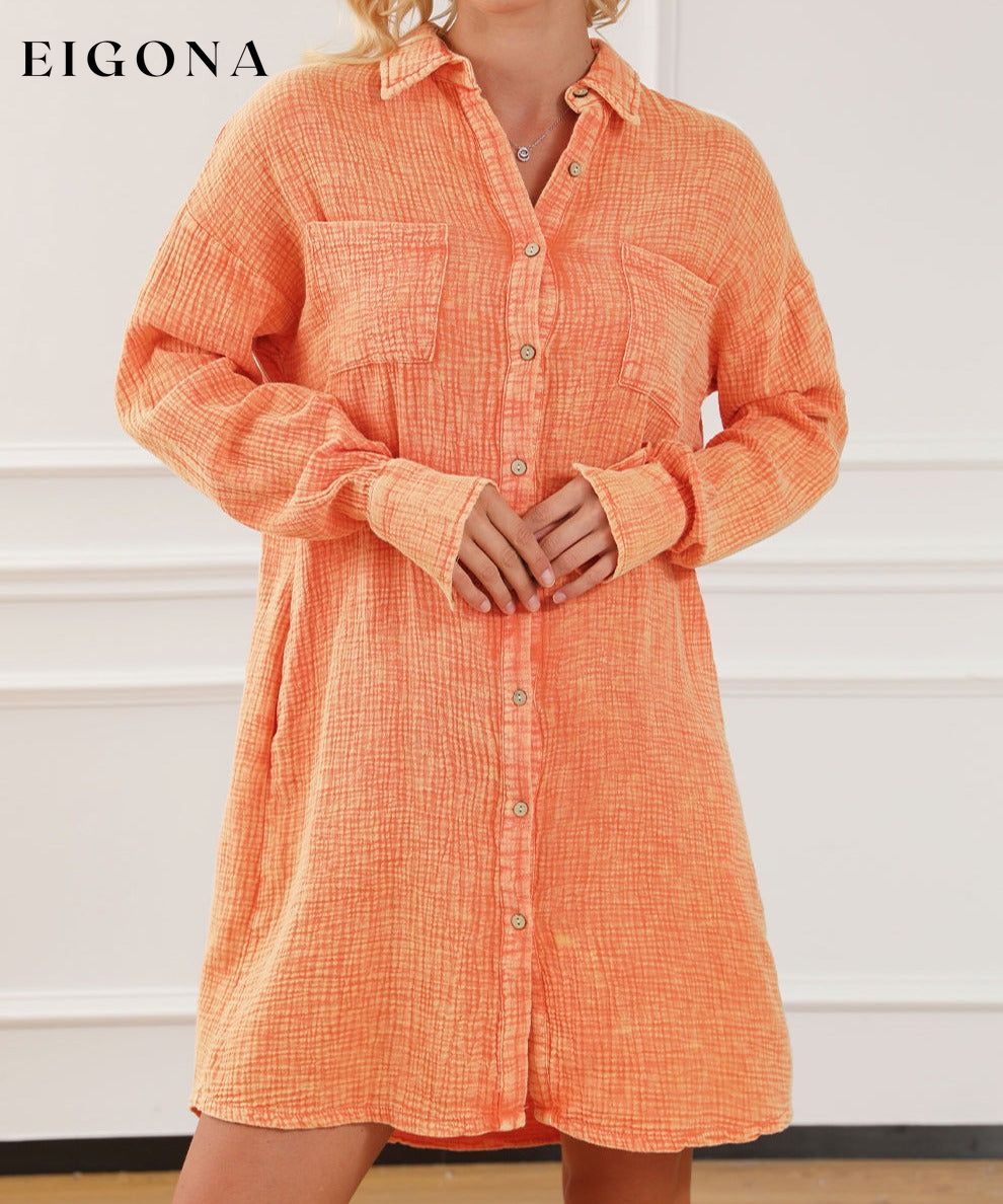 Orange Crinkled Dual Chest Pocket Oversized Shirt Dress All In Stock clothes Color Orange EDM Monthly Recomend Fabric Linen Occasion Daily Print Solid Color Season Spring Style Southern Belle