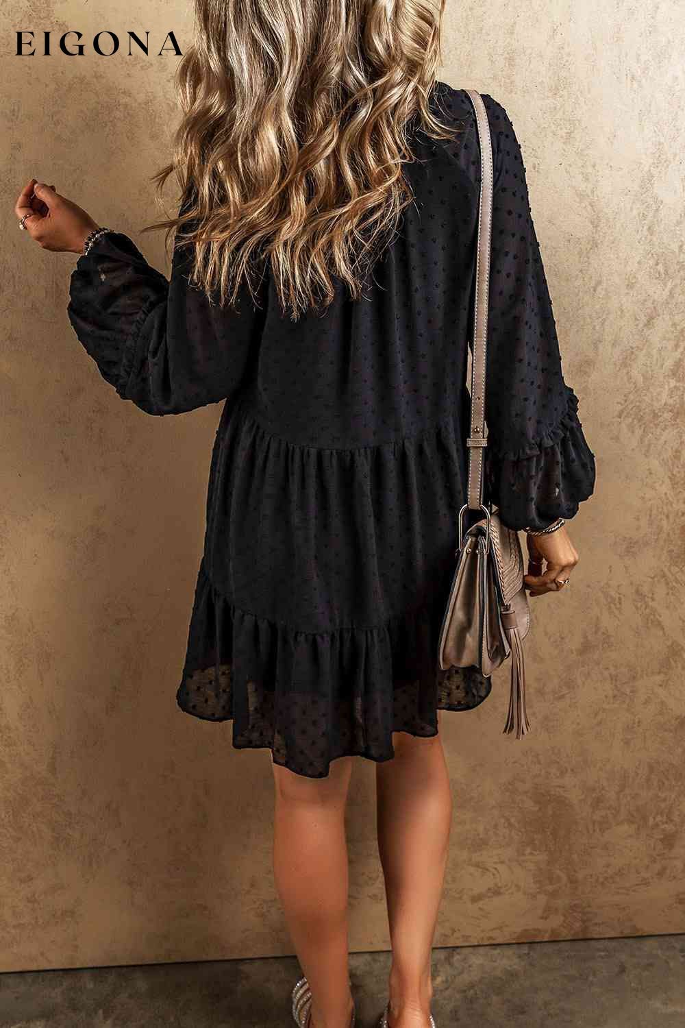 Swiss Dot V-Neck Ruffle Trim Mini Tiered Long Sleeve Dress casual dresses clothes dress dresses long sleeve dress long sleeve dresses Ship From Overseas short dresses SYNZ