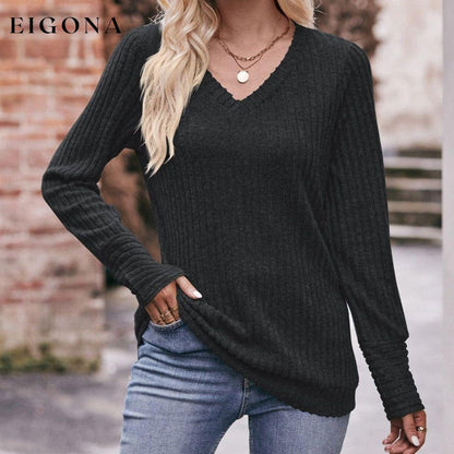 Double Take V-Neck Long Sleeve Ribbed Top Black clothes Double Take long sleeve shirt long sleeve shirts long sleeve top long sleeve tops Ship From Overseas shirt shirts top tops