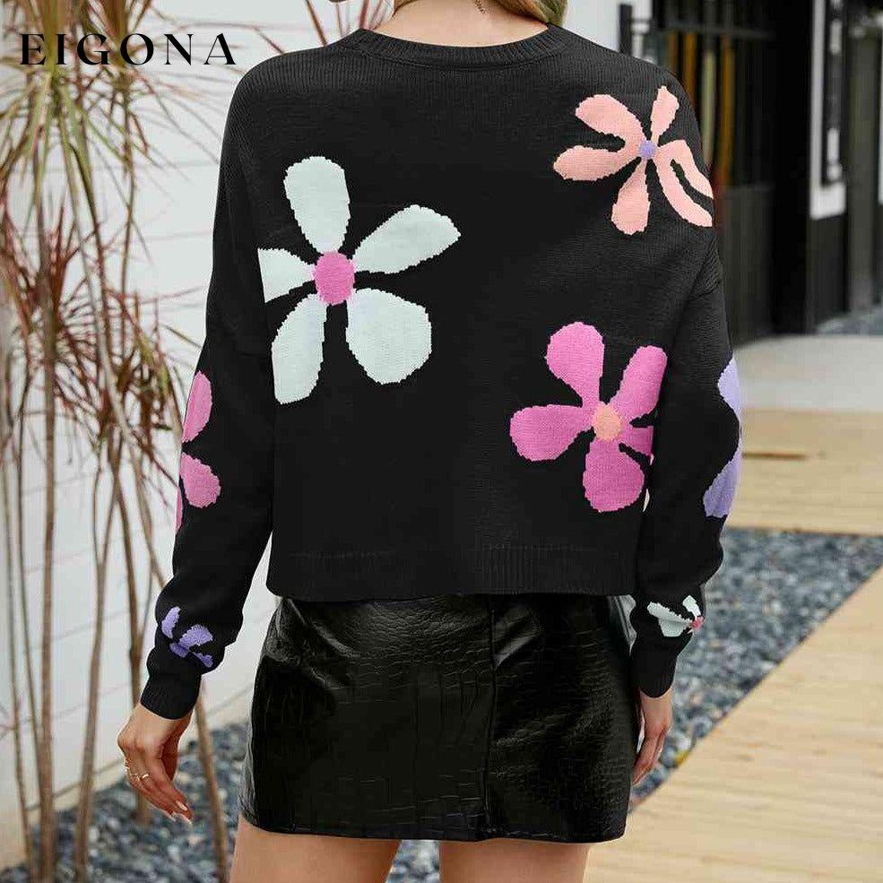 Flower Round Neck Drop Shoulder Sweater clothes Ship From Overseas X.X.W