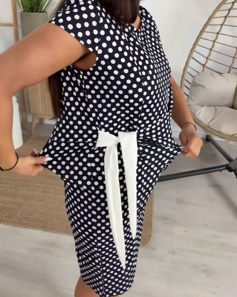 Polka Dot Lace-Up Waist Dress