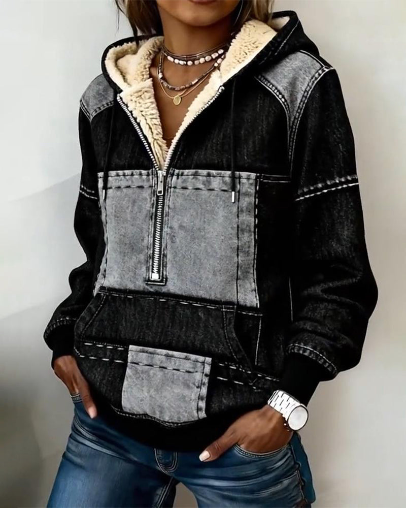 Retro Color-Block Fleece-Lined Hoodie