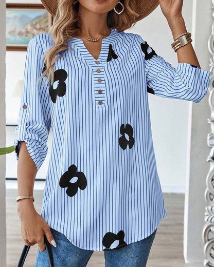 Striped Print V-Neck Fashion Shirt