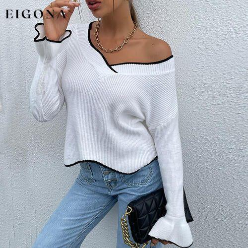 Flounce Sleeve V-Neck Sweater White clothes long sleeve shirt long sleeve shirts long sleeve top long sleeve tops Romantichut Ship From Overseas shirt shirts