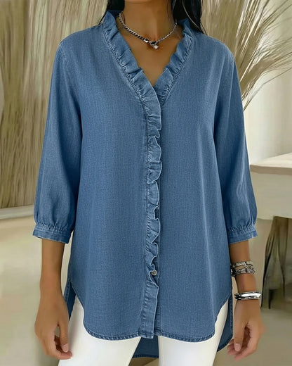 Ruffle V-Neck Denim Blouse