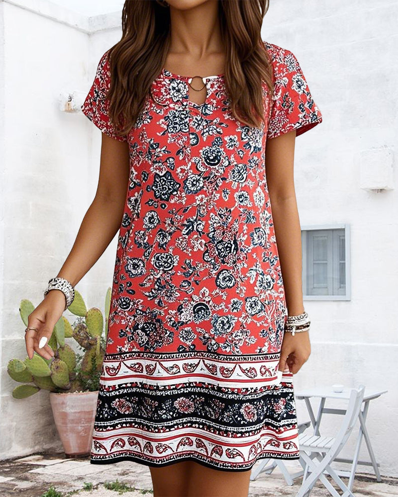 Casual Crew Neck Floral Shift Dress