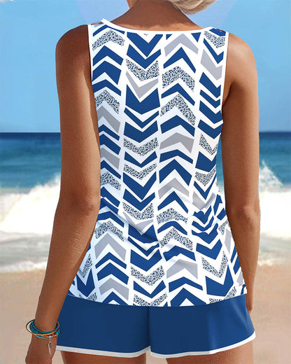 Sleeveless Crew Neck Printed Boxer Tankini