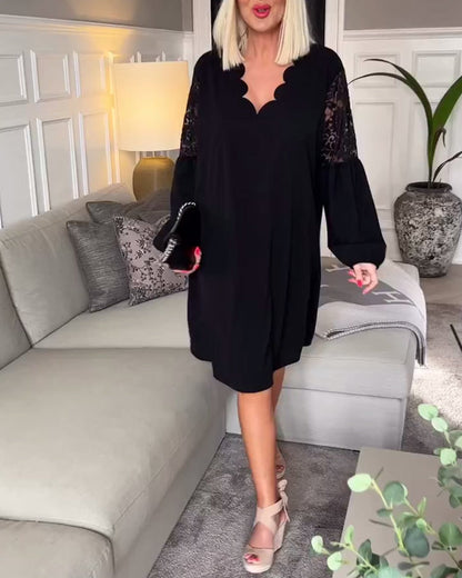 Elegant V-neck lace hollow long sleeve dress