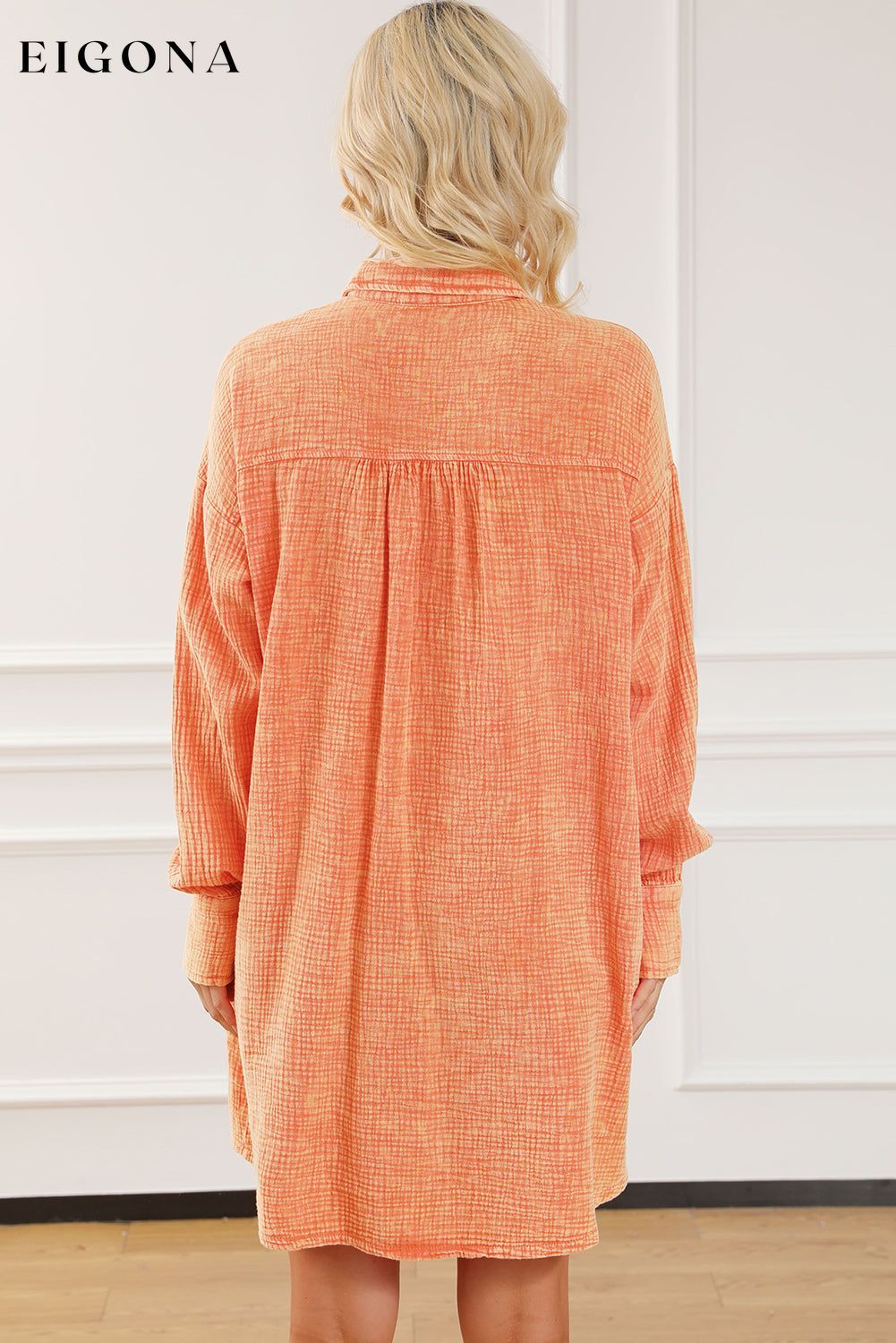 Orange Crinkled Dual Chest Pocket Oversized Shirt Dress All In Stock clothes Color Orange EDM Monthly Recomend Fabric Linen Occasion Daily Print Solid Color Season Spring Style Southern Belle