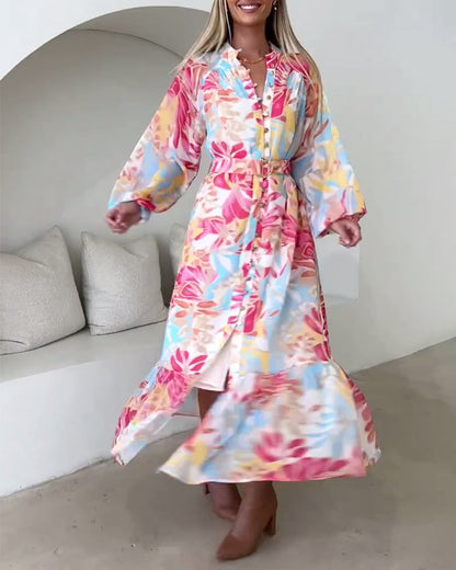 Elegant dress with printed buttons and lantern sleeves casual dresses spring summer