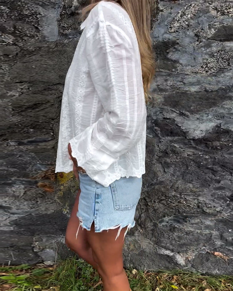 Embroidered Hollow Polo Collar Casual Shirt