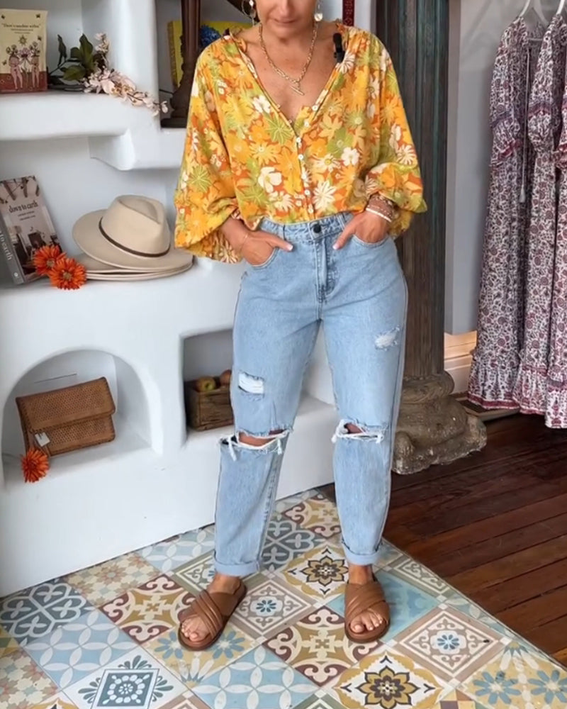 V-neck floral print blouse