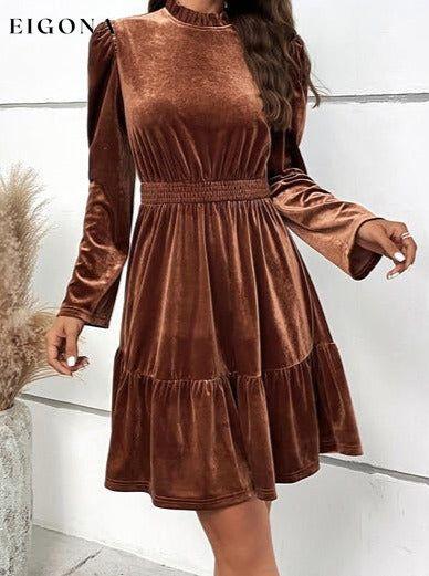 Smocked Long Sleeve Ruffle Hem Casual Short Dress Chestnut casual dresses clothes dress dresses HS long sleeve dress long sleeve dresses Ship From Overseas short dresses