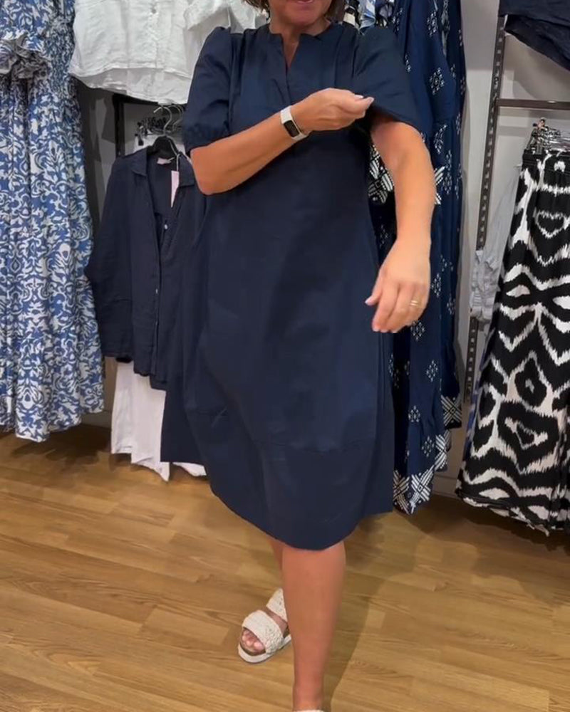 Puff Sleeve Solid Color Loose Dress