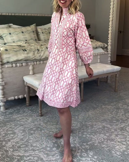 Lantern Sleeves Stand Collar Printed Loose Dress