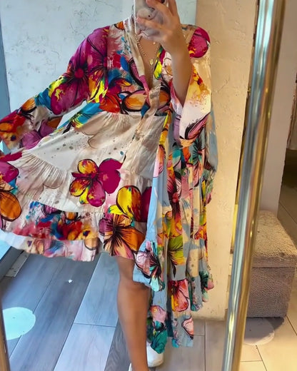 Colorful Large Floral Print Short Dress