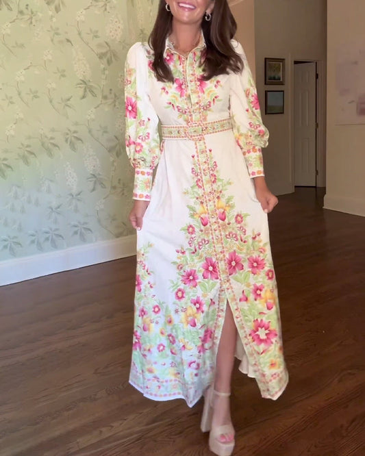 Elegant floral print lapel long sleeve maxi dress casual dresses spring summer