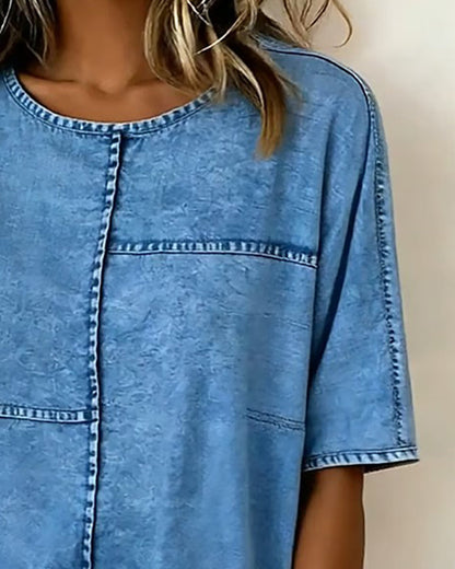 Distressed Denim Short Sleeve Top