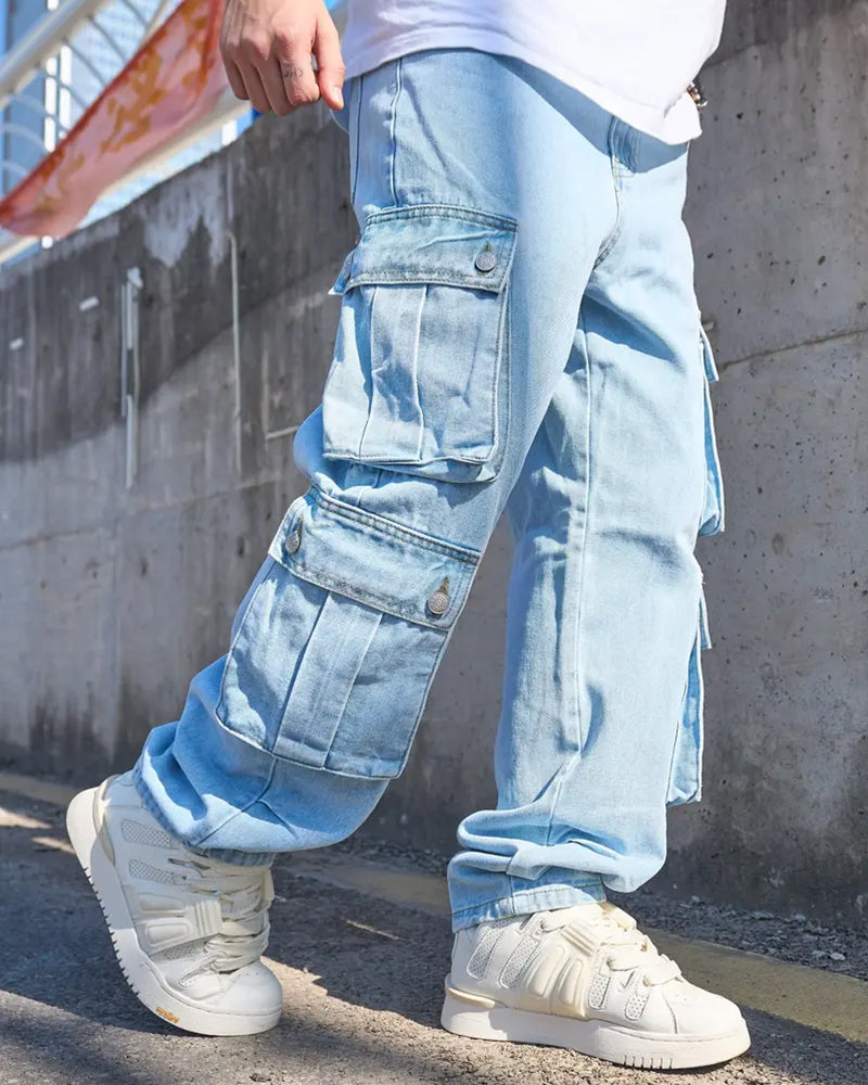 Men's Loose Solid Flap Pocket Cargo Denim Jeans
