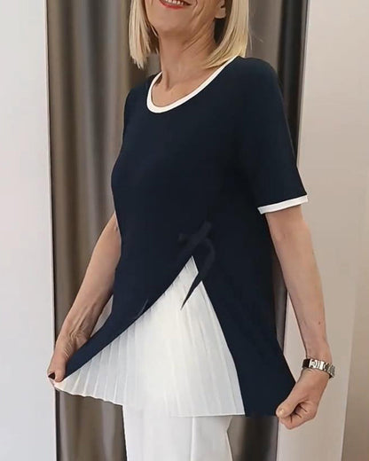 Crew Neck Contrast Pleated Blouse