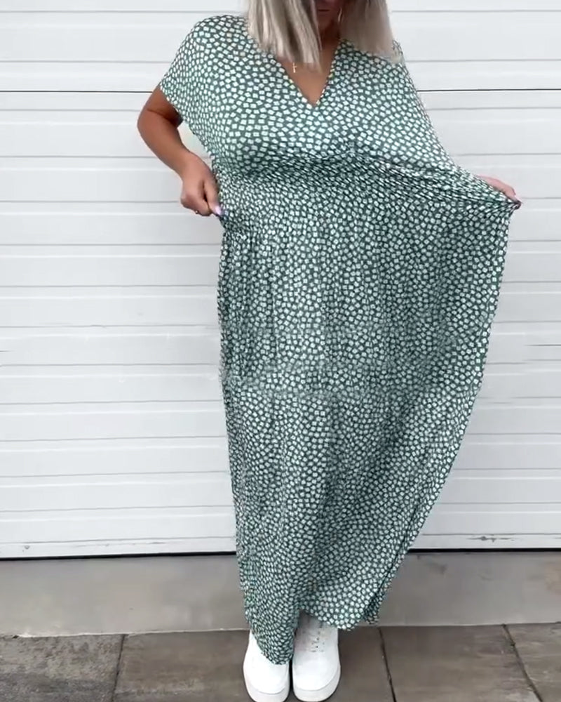 V-Neck Printed Waist Short-Sleeved Dress