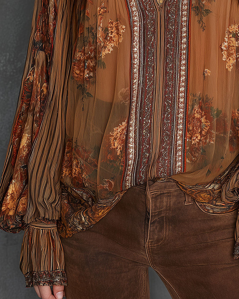 V-Neck Bohemian Style Floral Blouse