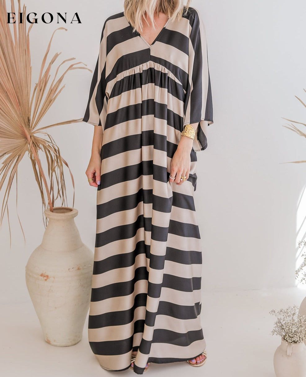 Black V Neck Kimono Sleeve Striped Maxi Dress All In Stock clothes Occasion Daily Print Color Block Season Spring Silhouette A-Line Style Casual