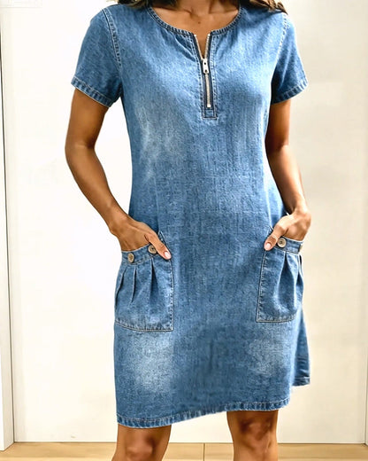 Denim Half-Zip Pocket Short Sleeve Dress