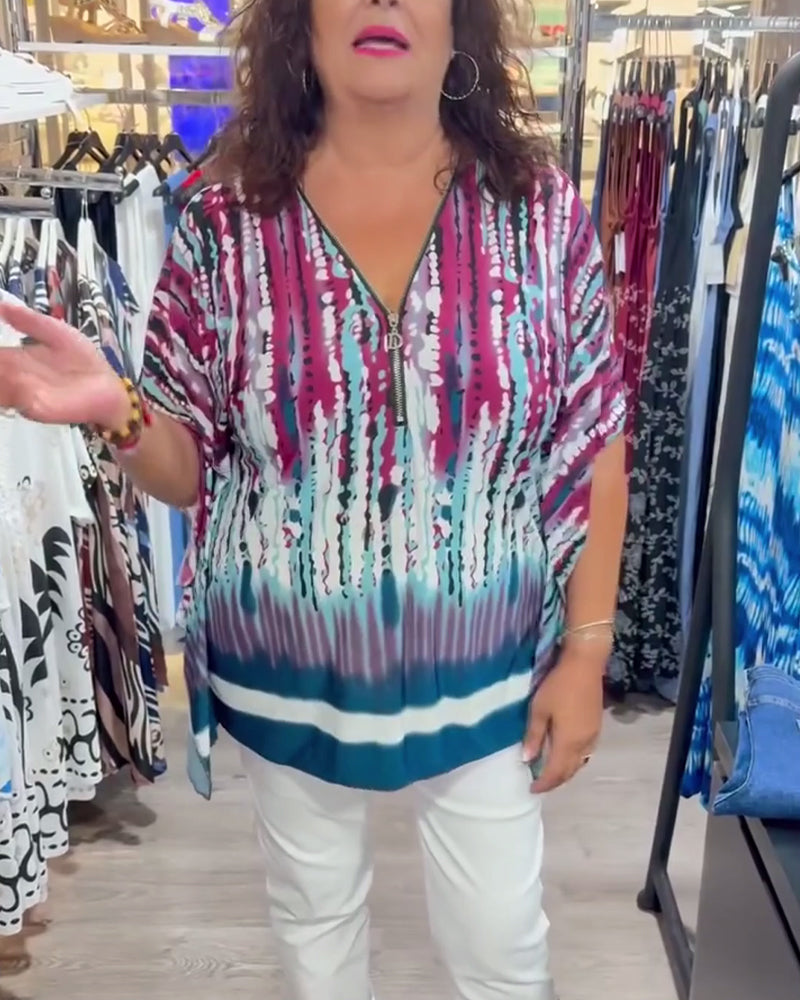 Tie-Dye V-Neck Zip-Front Batwing Top