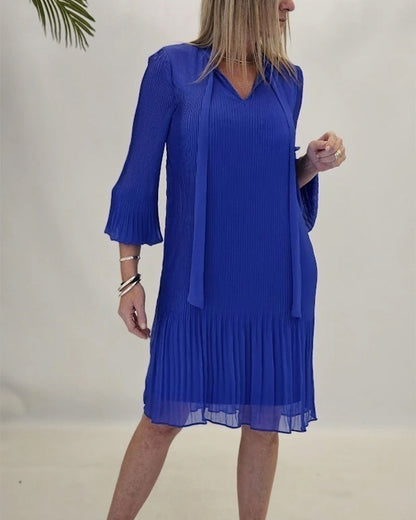 Three-Quarter Sleeve Tie Pleated Dress