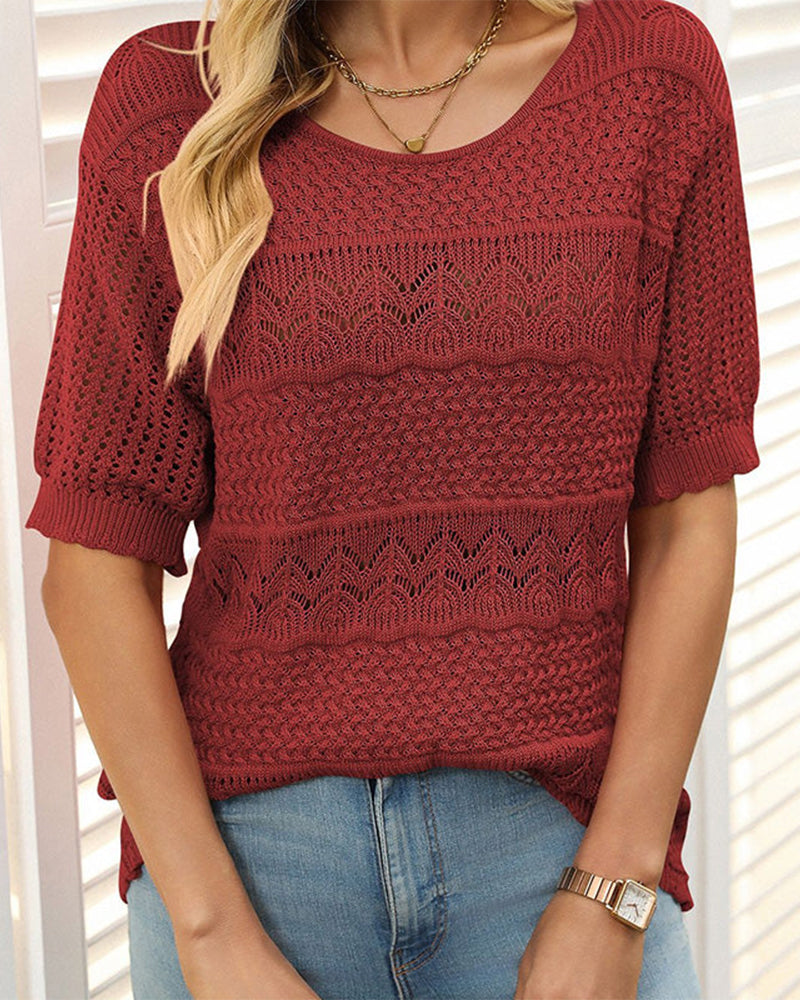 Women's Round Neck Hollow Knit Crochet Short Sleeve Sweater