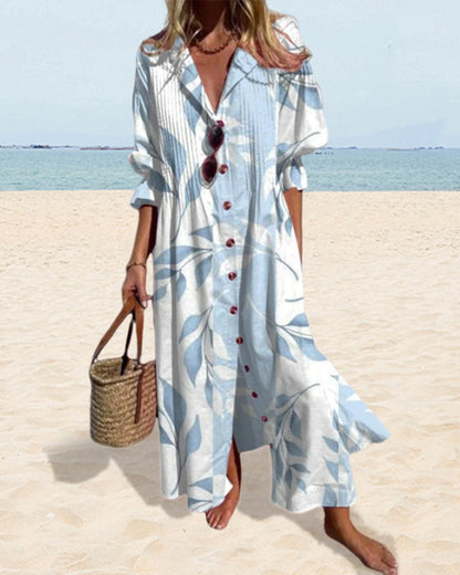 V-neck button-down printed dress spring summer vacation dresses