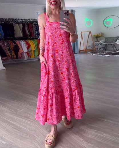 Abito stampato senza spalline con scollo quadrato