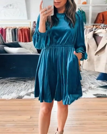 Elegant solid color round neck lantern sleeve dress 2024 f/w casual dresses