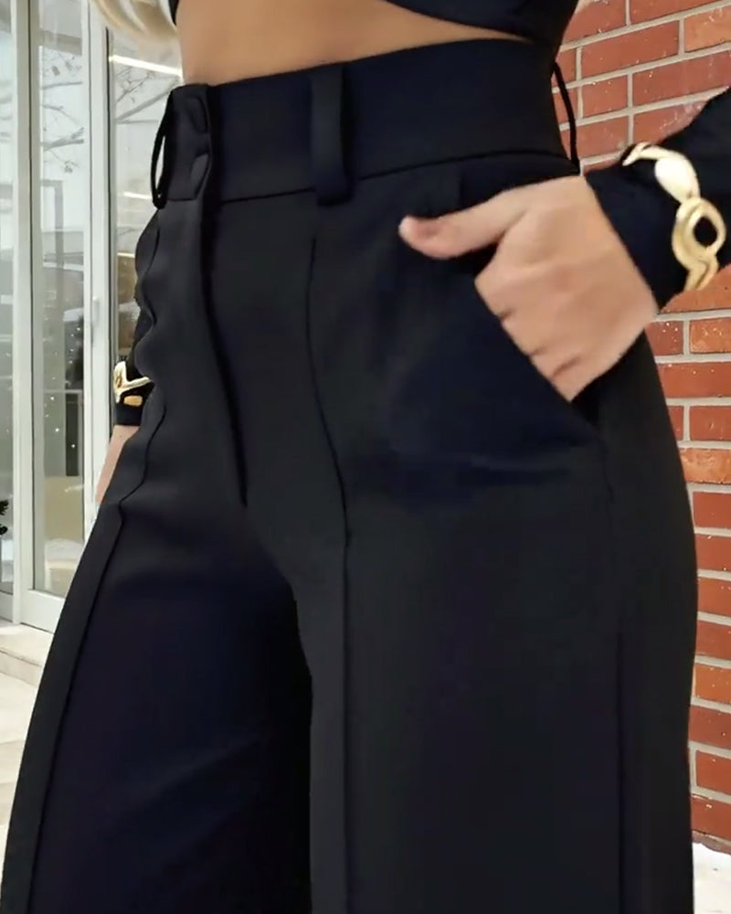 Casual Solid Color High-Waisted Straight Leg Pants