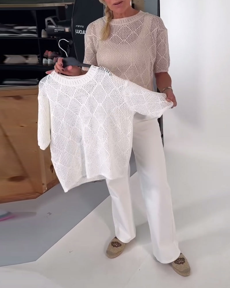 Round Neck Solid Color Hollow Pullover