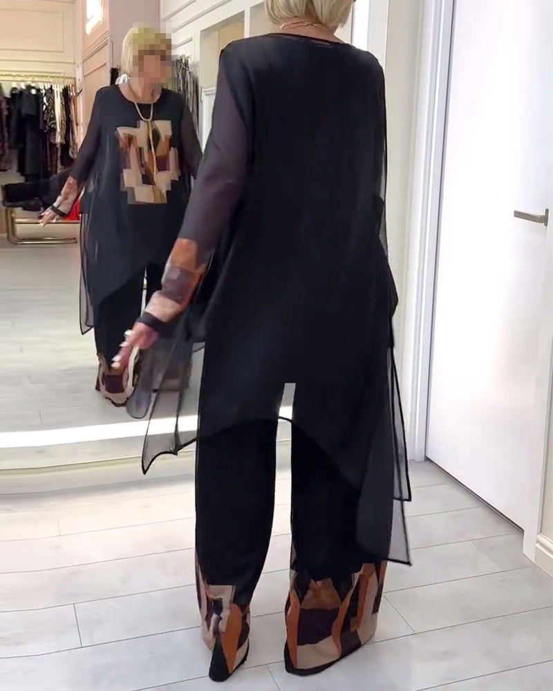 Temperament Long-Sleeved Printed Wide-Leg Suit