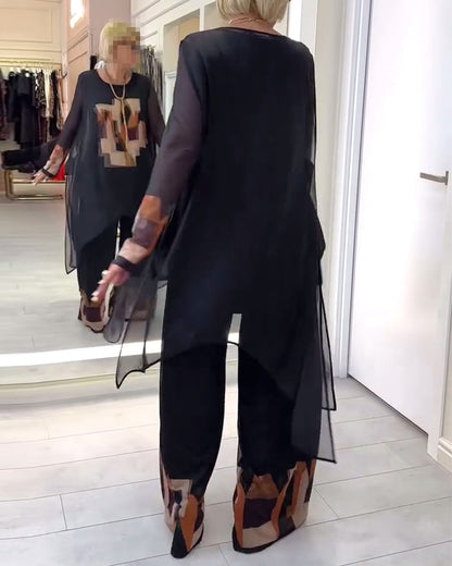 Temperament Long-Sleeved Printed Wide-Leg Suit