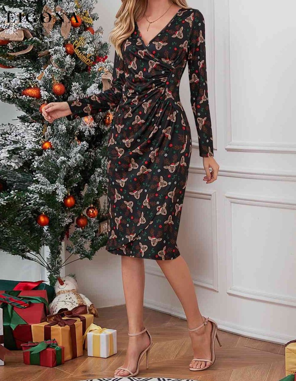 Christmas Element Print Long Sleeve Dress clothes H.Y.G@E Ship From Overseas