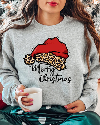 Leopard Santa Hat Merry Christmas Sweatshirt 2024 f/w christmas sweatshirts