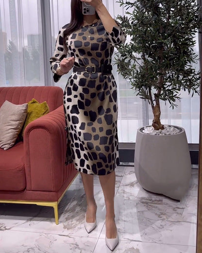 Fashionable leopard print round neck slit dress 2024 f/w casual dresses spring