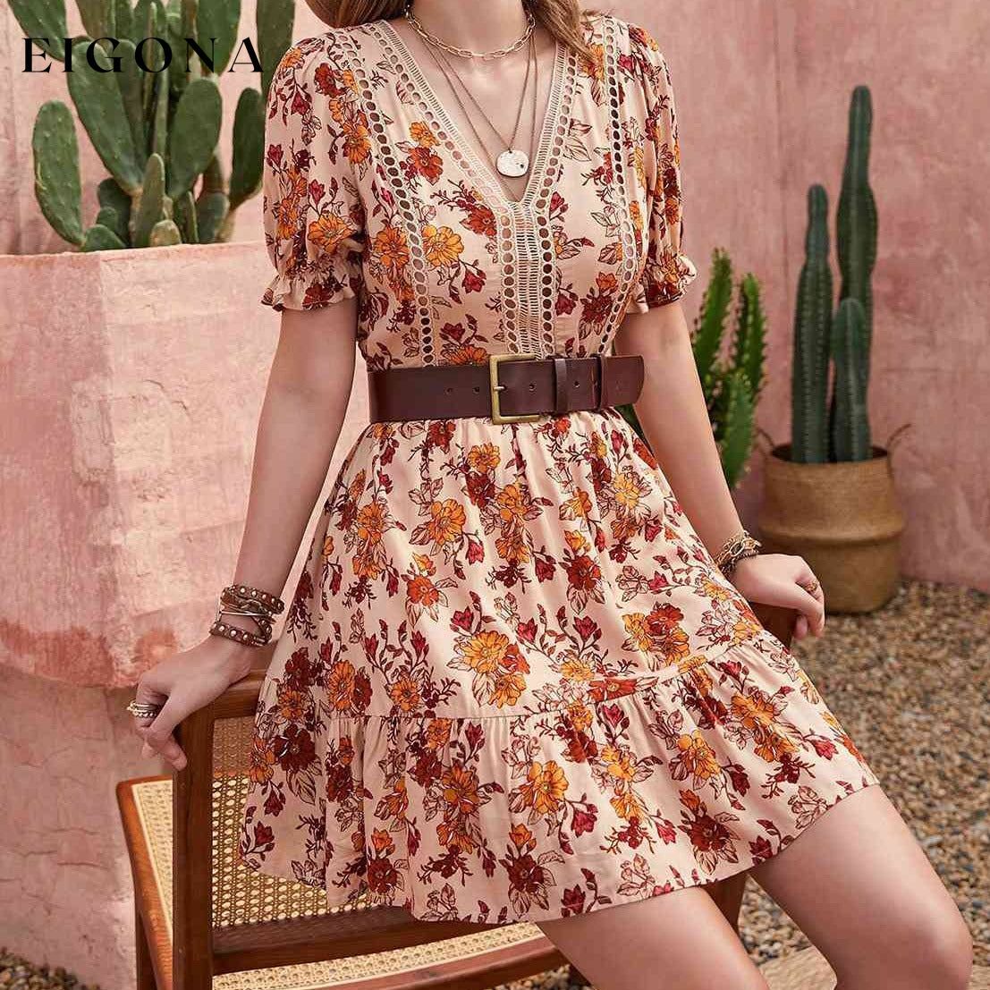 Floral V-Neck Flounce Sleeve Ruffle Hem Dress Sherbet clothes H.R.Z Ship From Overseas